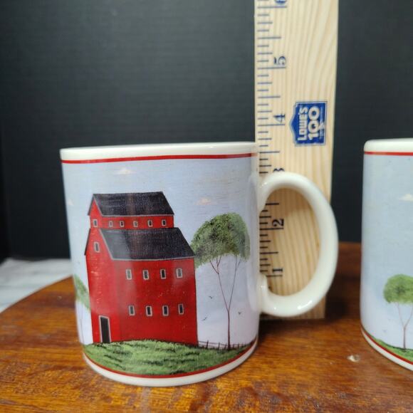 Set of 2 Vintage Warren Kimble 1998 Barns Mugs by Sakura Red Barn Blue Sky - Picture 9 of 9